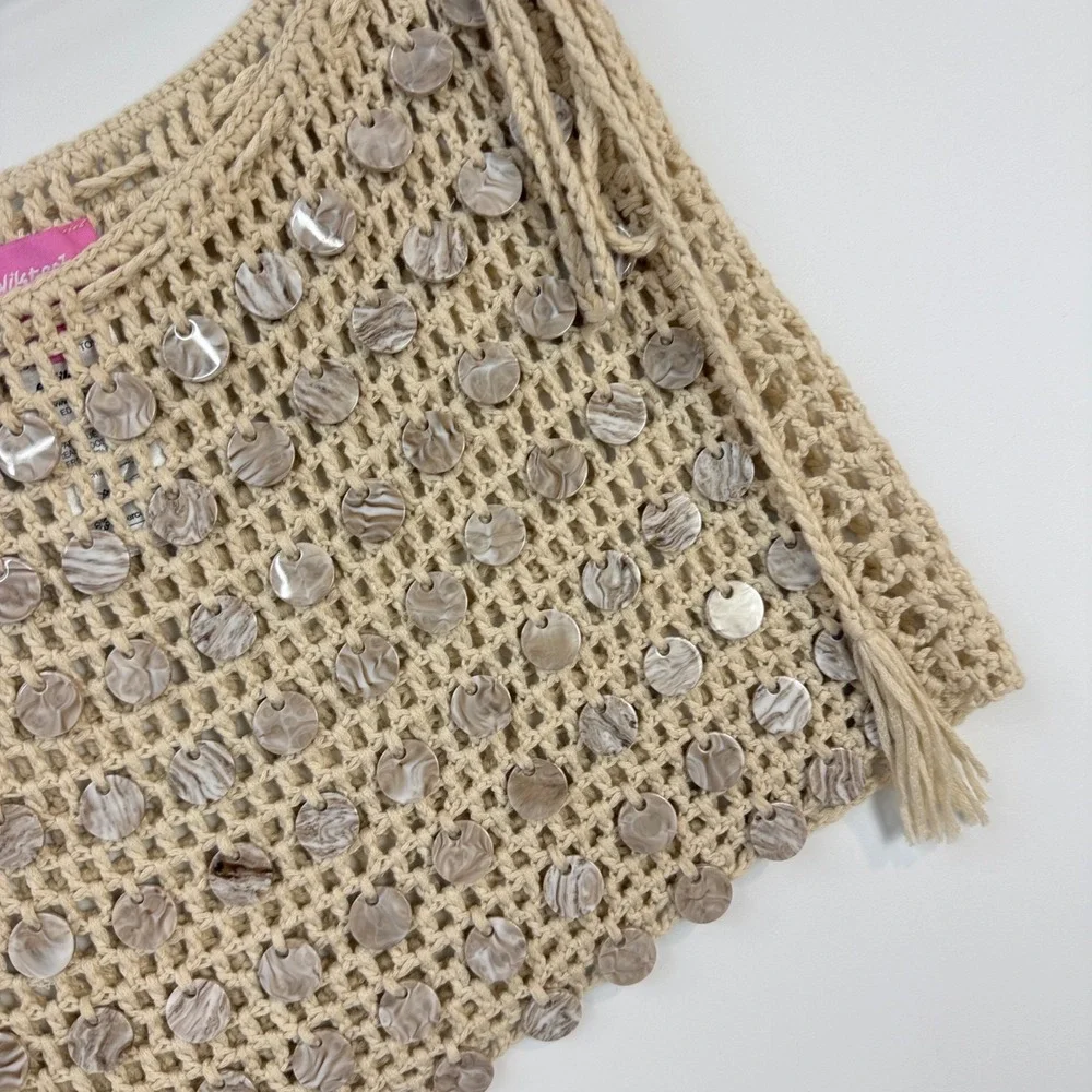 Edikted Alora Iridescent Crochet Mini Skirt Womens Size S Beige Sequin Boho Tie - Picture 3 of 10